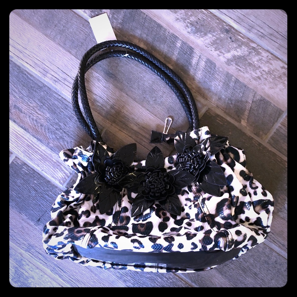 COPY -  White black leopard purse bag with patent flowers